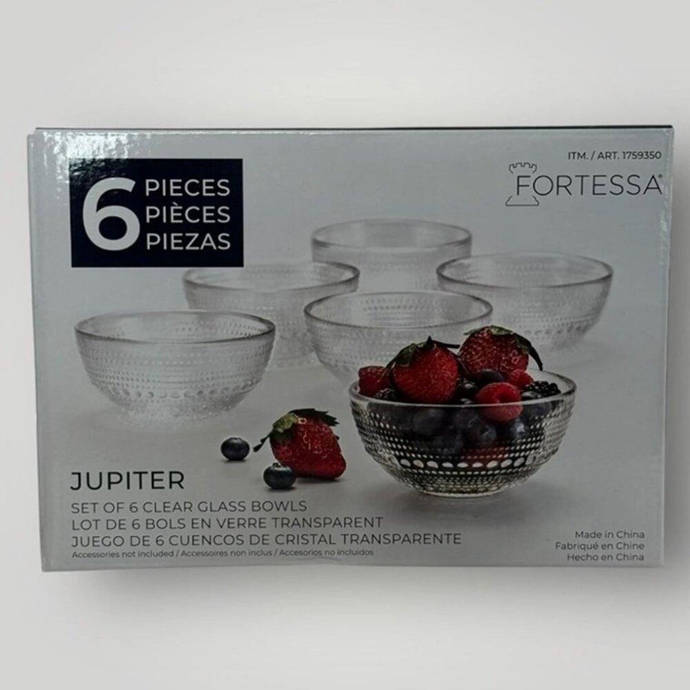 Fortessa Jupiter Clear Glass Bowls Set of 6 - Cereal, Soup, Salad